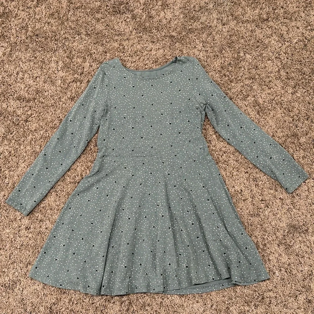 H&M Everyday Dress Girls Sage Green Long Sleeve Dotted Hearts Size 6/8